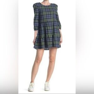 ABOUND Women's 3/4 Sleeve Cotton Tiered Skirt Plaid Mini Dress Green 2X